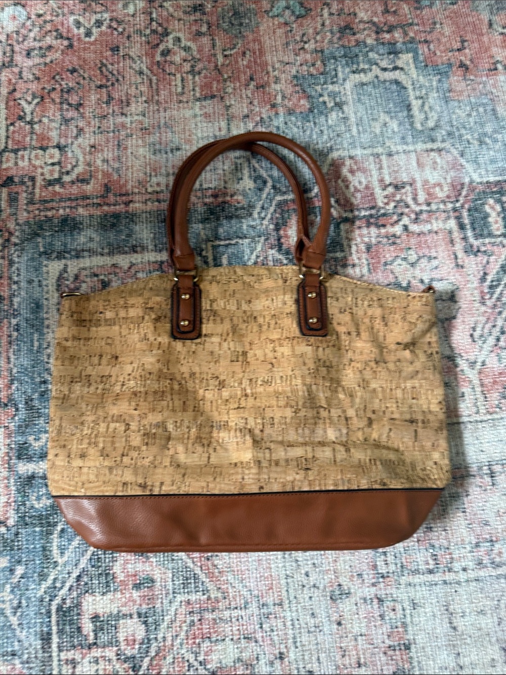 Cork and Brown Faux-Leather Tote